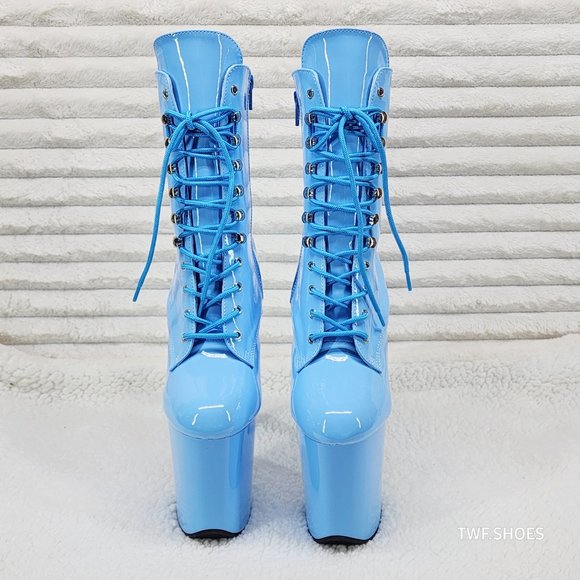 Baby Blue Patent Platform 8" Heel Lace Up Ankle Boots Flamingo 1020 - Picture 7 of 8